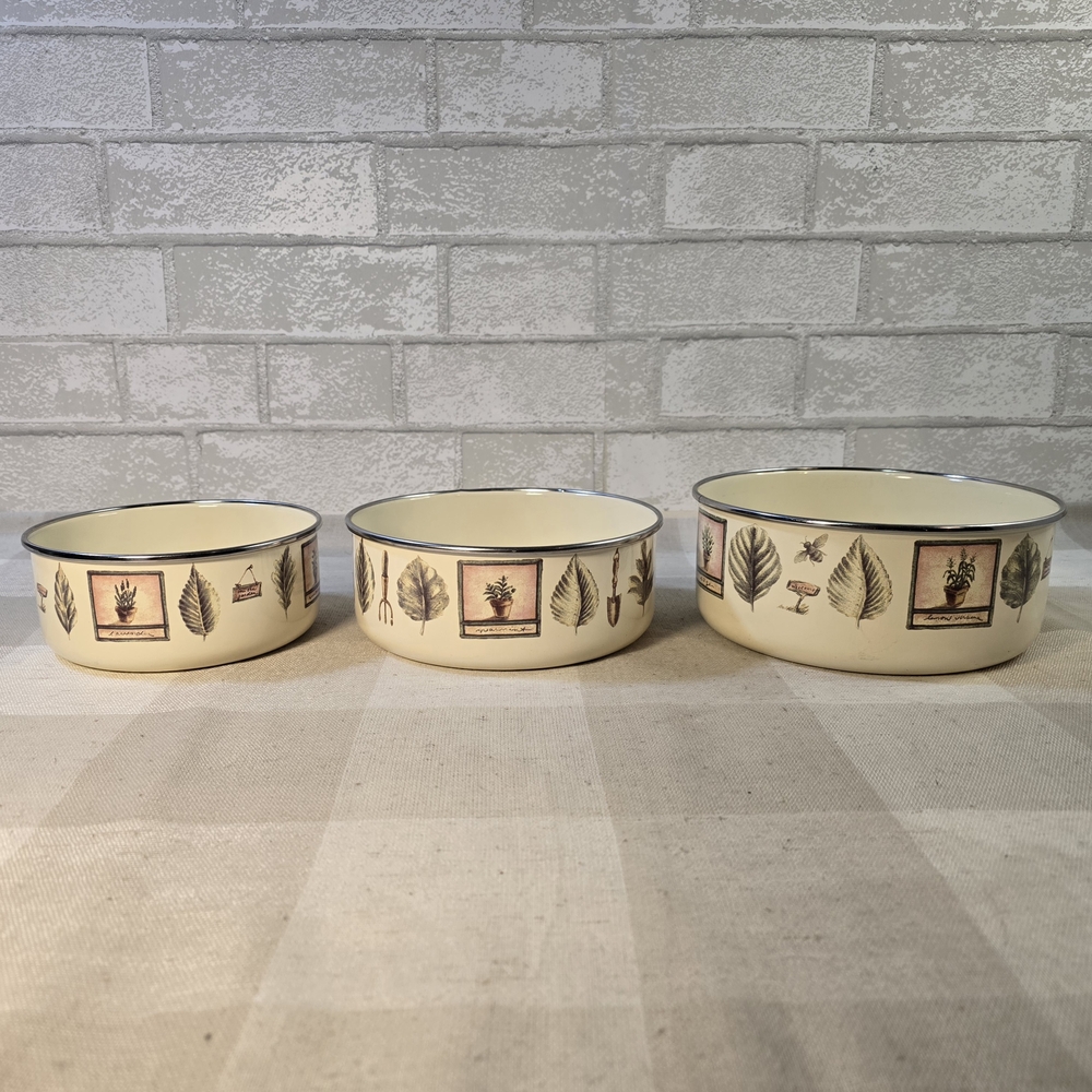 Pfaltzgraff Naturewood Set Of 3 Enamel Nesting Bowls Herbs Leaves Garden Bees